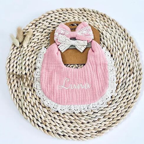 Personalized Muslin Baby Bibs Set with Name,Custom Soft Cotton Drool Bibs for Baby Girl,Teething Drooling Adjustable Bib for Newborn Toddler,Cute Bibs&Bows Gifts for Baby Shower, Birthday, Christmas in Saudi Arabia
