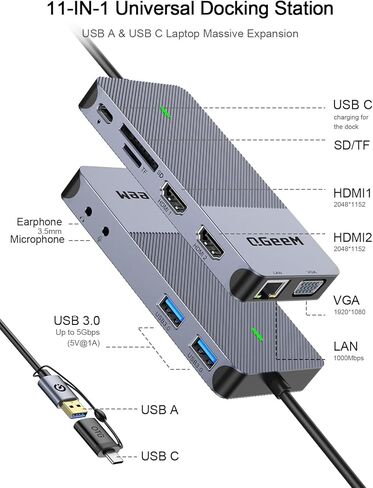 محطة إرساء الكمبيوتر المحمول QGeeM USB 3.0، شاشة عرض ثلاثية USB Hub Hdmi Splitter Extender شاشة مزدوجة، قاعدة USB مع 2 HDMI، VGA، USB 3.0، متوافقة مع MacBook M1 M2 M3 M4 Dell HP Lenovo Mac OS-Classic Gray in Kuwait