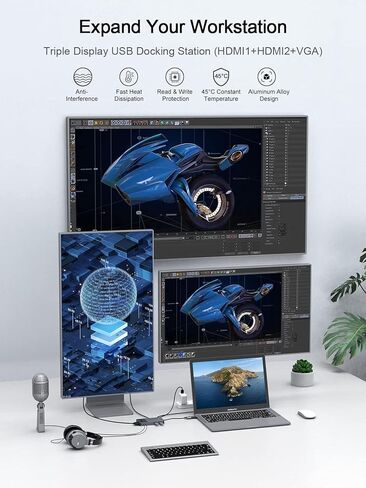 محطة إرساء الكمبيوتر المحمول QGeeM USB 3.0، شاشة عرض ثلاثية USB Hub Hdmi Splitter Extender شاشة مزدوجة، قاعدة USB مع 2 HDMI، VGA، USB 3.0، متوافقة مع MacBook M1 M2 M3 M4 Dell HP Lenovo Mac OS-Classic Gray in Kuwait