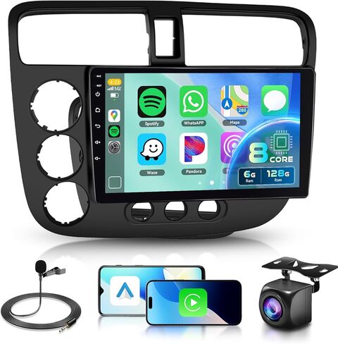 8 Core 6G+128G Android 15 راديو ستيريو للسيارة Honda Civic 2001-2005 Wireless Carplay/Android Auto 9 بوصة HD IPS Sereen مع 5 جيجا هرتز WiFi 5.0 بلوتوث GPS SWC FM/RDS كاميرا احتياطية لراديو in Kuwait
