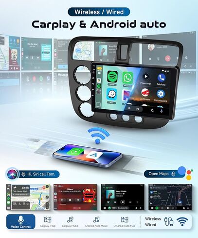 8 Core 6G+128G Android 15 راديو ستيريو للسيارة Honda Civic 2001-2005 Wireless Carplay/Android Auto 9 بوصة HD IPS Sereen مع 5 جيجا هرتز WiFi 5.0 بلوتوث GPS SWC FM/RDS كاميرا احتياطية لراديو in Kuwait