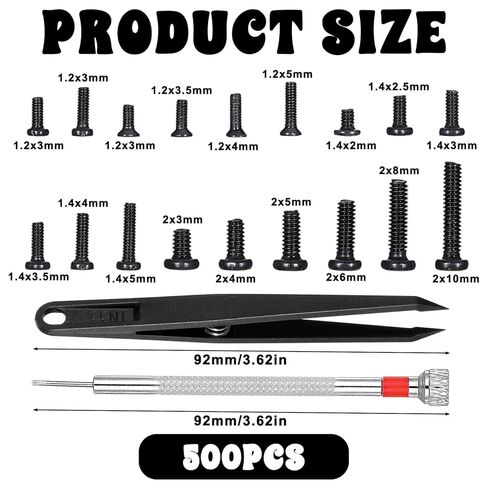 500 Pcs Micro Glasses Screws Repair Kit, Black Screw Assortment Kit with Screwdriver and Tweezers, Laptop Screw, Small Replacement Screws for Eyeglasses, Watches, Electronics (Black) in Saudi Arabia
