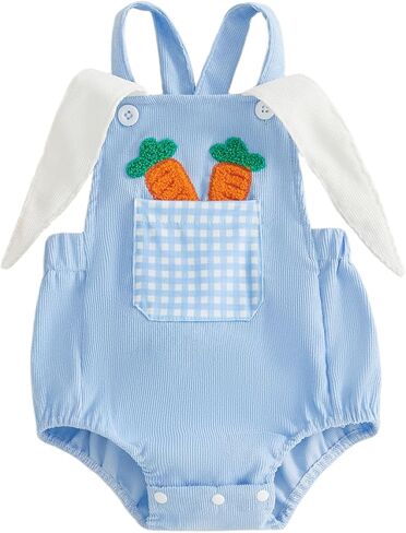 Baby Girl Boy Easter Outfit Rabbit Ears Carrot Plaid Pocket Sleeveless Bunny Romper Cute Summer Overalls Jumpsuit in Saudi Arabia