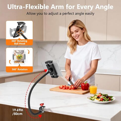 Gooseneck Tablet Holder, 19.69in Metal Crab Clamp iPad Mount for Stroller/Treadmill/Golf Cart/Boat/Mic Stand/Gym Bicycle Handlebar Clamp/Desk, Compatible with 4-13" iPad Pro/Air/Mini, iPhone, E-book in Saudi Arabia