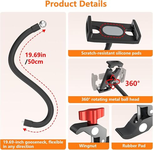Gooseneck Tablet Holder, 19.69in Metal Crab Clamp iPad Mount for Stroller/Treadmill/Golf Cart/Boat/Mic Stand/Gym Bicycle Handlebar Clamp/Desk, Compatible with 4-13" iPad Pro/Air/Mini, iPhone, E-book in Saudi Arabia