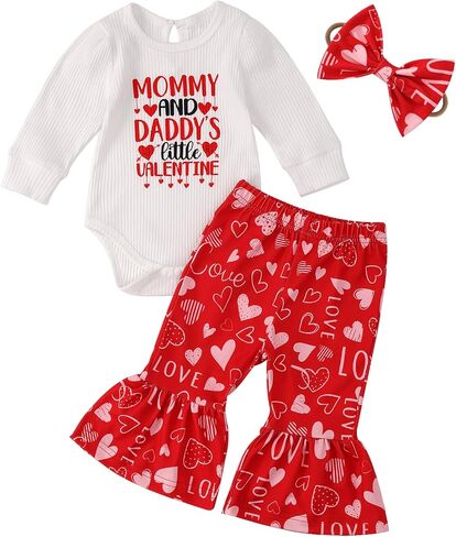 Valentines Day Baby Girl Outfit Newborn Ribbed Onesie Romper Flare Pants Cute Heart Print Bell Bottoms Clothes Set in Kuwait