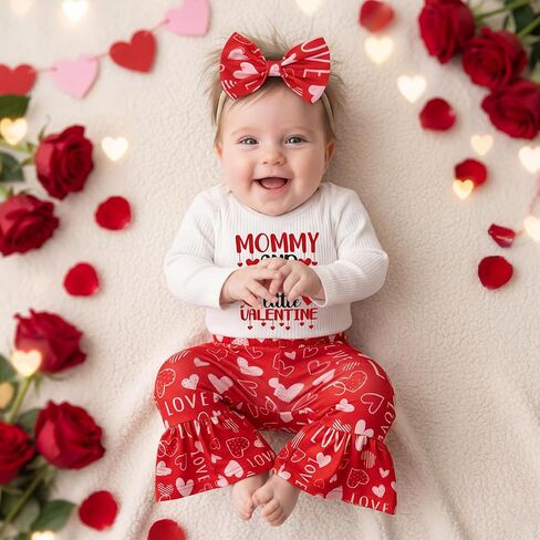 Valentines Day Baby Girl Outfit Newborn Ribbed Onesie Romper Flare Pants Cute Heart Print Bell Bottoms Clothes Set in Saudi Arabia