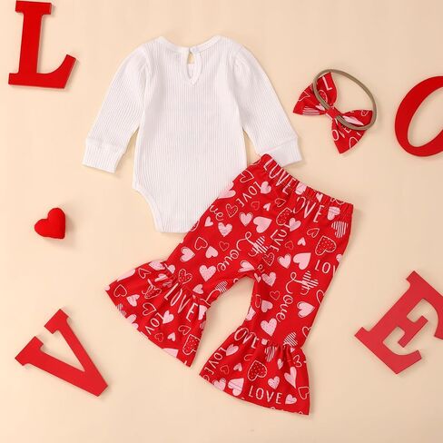 Valentines Day Baby Girl Outfit Newborn Ribbed Onesie Romper Flare Pants Cute Heart Print Bell Bottoms Clothes Set in Saudi Arabia