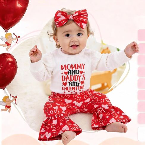Valentines Day Baby Girl Outfit Newborn Ribbed Onesie Romper Flare Pants Cute Heart Print Bell Bottoms Clothes Set in Saudi Arabia