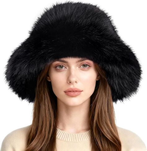 Women’s Fuzzy Faux Fur Bucket Hat Winter Warm Furry Hat Wide Brim Fisherman Cap in Saudi Arabia