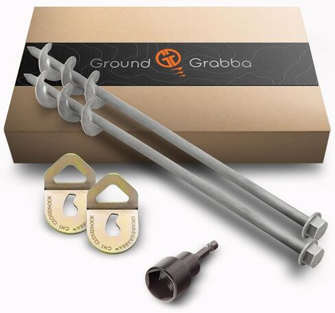 GROUNDGRABBA Screw in Tent Stake for Normal to Hard Ground | Premium Drill Driven Ground Anchor Earth Screws | 4X Pro I Stakes (1.5 Foot), 4X GroundGrabba Closed Hooks, 1X 5/8" Hex Socket Driver in Saudi Arabia