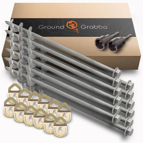 GROUNDGRABBA Screw in Tent Stake for Normal to Hard Ground | Premium Drill Driven Ground Anchor Earth Screws | 4X Pro I Stakes (1.5 Foot), 4X GroundGrabba Closed Hooks, 1X 5/8" Hex Socket Driver in Saudi Arabia