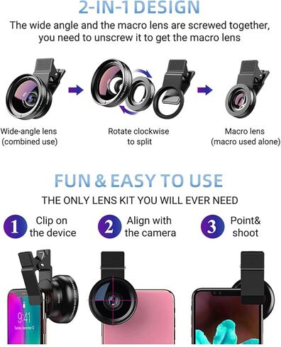 Phone Camera Lens 2 in 1 Phone Lens Kit, 0.45 Super Wide Angle Lens 15x Macro Lens, Wide Compatibility with Popular Smartphones, Tablets and Laptops of Various Brands in Kuwait