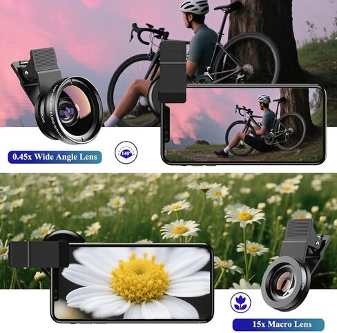 Phone Camera Lens 2 in 1 Phone Lens Kit, 0.45 Super Wide Angle Lens 15x Macro Lens, Wide Compatibility with Popular Smartphones, Tablets and Laptops of Various Brands in Kuwait