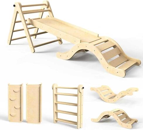 مجموعة Pikler Triangle Set 7in1 Toddler Climbing Toys Indoor Doelable Climbing Toys Wooden Montessori Climbing مجموعة مع القوس ، المنحدر ، سلم لمدة 1-3 سنوات ، غابة صالة الألعاب الرياضية (طبيعية) in Kuwait