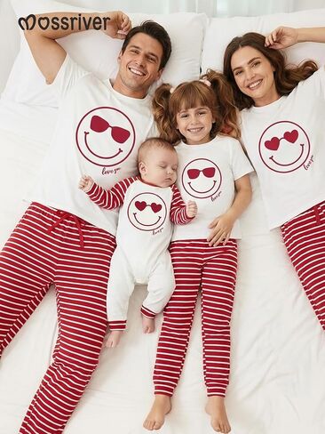 MOSSRIVER Family Pjs مطابقة مجموعات قصيرة الأكمام الجرافيك القمم عطلة قمصان لطيف منامة فستان أطفال مع سروال داخلي عطلة ملابس الصيف in Kuwait