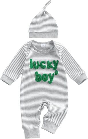 Newborn Infant Baby Boy St Patricks Day Outfit Lucky Boy Embroidery Waffle Knit Long Sleeve Romper Jumpsuit with Hat in Saudi Arabia