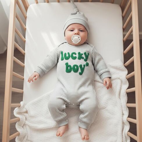 Newborn Infant Baby Boy St Patricks Day Outfit Lucky Boy Embroidery Waffle Knit Long Sleeve Romper Jumpsuit with Hat in Saudi Arabia