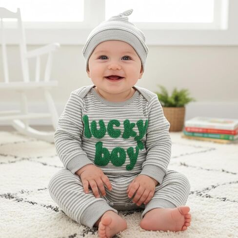 Newborn Infant Baby Boy St Patricks Day Outfit Lucky Boy Embroidery Waffle Knit Long Sleeve Romper Jumpsuit with Hat in Saudi Arabia