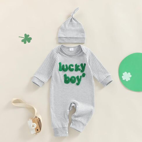Newborn Infant Baby Boy St Patricks Day Outfit Lucky Boy Embroidery Waffle Knit Long Sleeve Romper Jumpsuit with Hat in Saudi Arabia