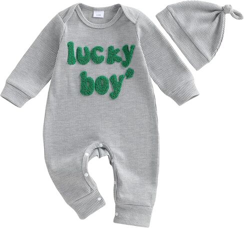 Newborn Infant Baby Boy St Patricks Day Outfit Lucky Boy Embroidery Waffle Knit Long Sleeve Romper Jumpsuit with Hat in Saudi Arabia