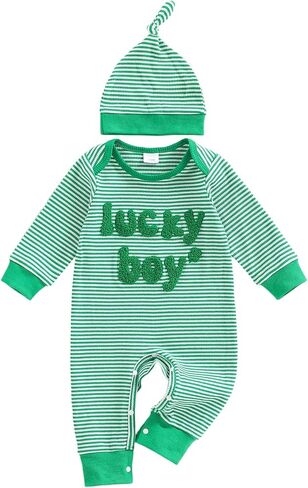 Newborn Infant Baby Boy St Patricks Day Outfit Lucky Boy Embroidery Waffle Knit Long Sleeve Romper Jumpsuit with Hat in Saudi Arabia