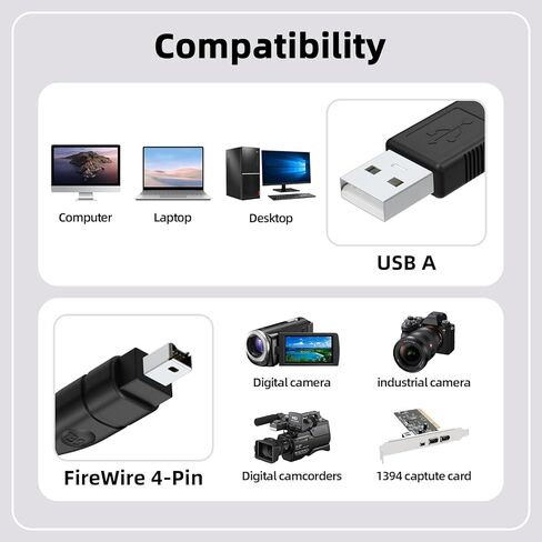 USB to Firewire Cable Compatible with Sony DCR-TRV75E DV Camcorder, IEEE 1394 4-Pin Male to USB-A Male iLink Adapter Converter Cord, 5.9FT in Saudi Arabia