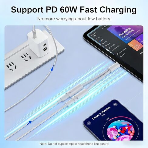 2 حزمة USB C Splitter 1 في 2 Out، شاحن UsbC مزدوج ومحول سماعة رأس، USBC Splitter PD 60W شحن سريع، محول صوت من النوع C كابل دونجل USB-C لأجهزة Apple iPhone 15 16 17/iPad Pro/Galaxy/Pixel in Kuwait