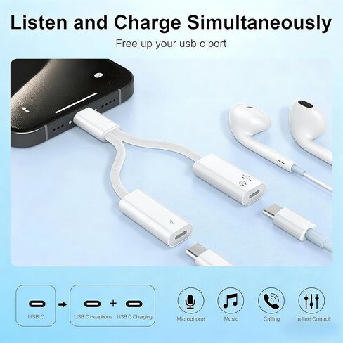 2 حزمة USB C Splitter 1 في 2 Out، شاحن UsbC مزدوج ومحول سماعة رأس، USBC Splitter PD 60W شحن سريع، محول صوت من النوع C كابل دونجل USB-C لأجهزة Apple iPhone 15 16 17/iPad Pro/Galaxy/Pixel in Kuwait