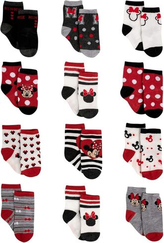 Disney Baby Girls Socks - 12 Pack Soft Newborn Baby Socks Character Prints - Cute Newborn and Infant Socks, 0-24M, Size 12-24 Months, Minnie Mouse Black/Red in Saudi Arabia