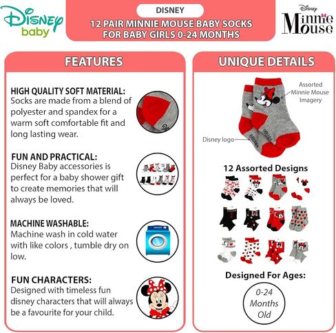 Disney Baby Girls Socks - 12 Pack Soft Newborn Baby Socks Character Prints - Cute Newborn and Infant Socks, 0-24M, Size 12-24 Months, Minnie Mouse Black/Red in Saudi Arabia