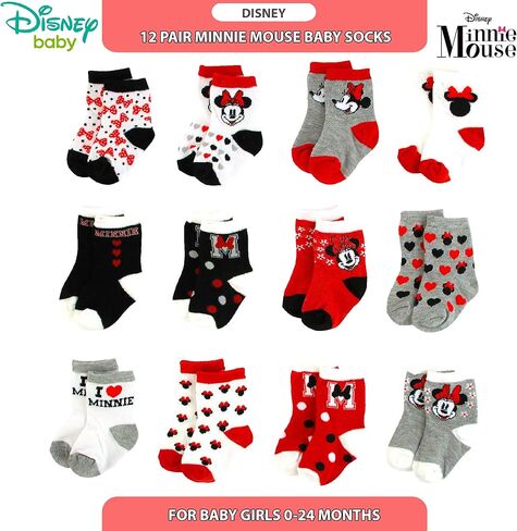 Disney Baby Girls Socks - 12 Pack Soft Newborn Baby Socks Character Prints - Cute Newborn and Infant Socks, 0-24M, Size 12-24 Months, Minnie Mouse Black/Red in Saudi Arabia