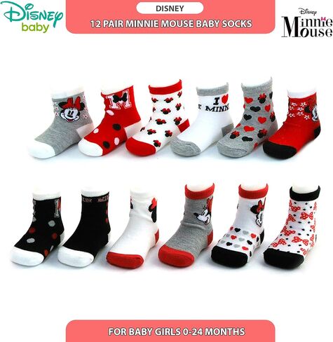 Disney Baby Girls Socks - 12 Pack Soft Newborn Baby Socks Character Prints - Cute Newborn and Infant Socks, 0-24M, Size 12-24 Months, Minnie Mouse Black/Red in Saudi Arabia