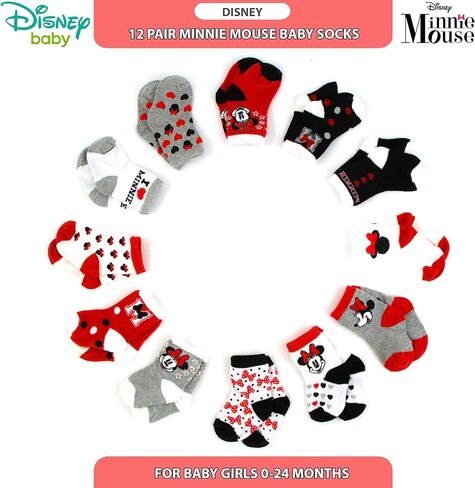 Disney Baby Girls Socks - 12 Pack Soft Newborn Baby Socks Character Prints - Cute Newborn and Infant Socks, 0-24M, Size 12-24 Months, Minnie Mouse Black/Red in Saudi Arabia