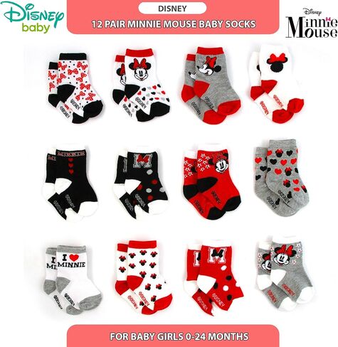 Disney Baby Girls Socks - 12 Pack Soft Newborn Baby Socks Character Prints - Cute Newborn and Infant Socks, 0-24M, Size 12-24 Months, Minnie Mouse Black/Red in Saudi Arabia
