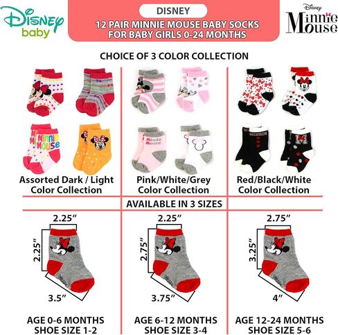 Disney Baby Girls Socks - 12 Pack Soft Newborn Baby Socks Character Prints - Cute Newborn and Infant Socks, 0-24M, Size 12-24 Months, Minnie Mouse Black/Red in Saudi Arabia