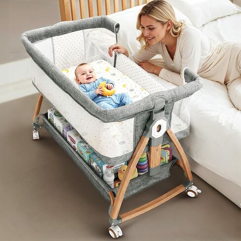 Earth&ME Baby Bassinet Bedside Sleeper with Rocking - All Mesh Portable Bedside Crib for Safe Co-Sleeping, Storage Basket and Wheels, Adjustable Height, Includes Travel Bag, Mosquito Net (Whate, Grey) in Saudi Arabia