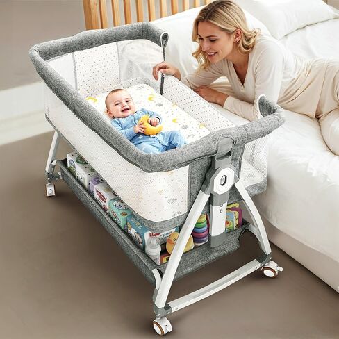 Baby Rocking Bassinet Bedside Sleeper - All Mesh Portable Bedside Crib for Safe Co-Sleeping, Storage Basket and Wheels, Adjustable Height, Includes Travel Bag, Mosquito Net (Wood Grain, Grey) in Saudi Arabia