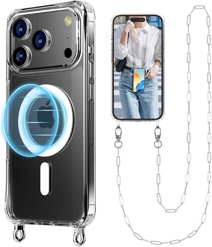 حافظة هاتف UnnFiko Crossbody لهاتف iPhone 17 Pro Max متوافقة مع Magsafe Clear، حافظة هاتف معدنية مقاومة للصدمات، حافظة هاتف مغناطيسية لهاتف iPhone 17 Pro Max (حبل فضي) in Kuwait