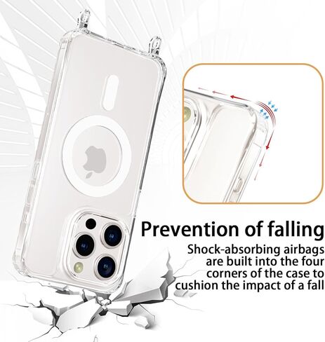 حافظة هاتف UnnFiko Crossbody لهاتف iPhone 17 Pro Max متوافقة مع Magsafe Clear، حافظة هاتف معدنية مقاومة للصدمات، حافظة هاتف مغناطيسية لهاتف iPhone 17 Pro Max (حبل فضي) in Kuwait