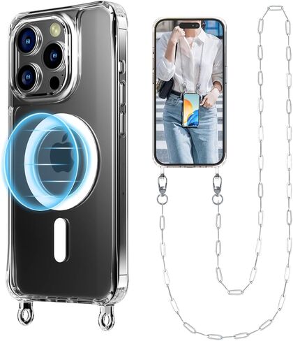 حافظة هاتف UnnFiko Crossbody لهاتف iPhone 17 Pro Max متوافقة مع Magsafe Clear، حافظة هاتف معدنية مقاومة للصدمات، حافظة هاتف مغناطيسية لهاتف iPhone 17 Pro Max (حبل فضي) in Kuwait