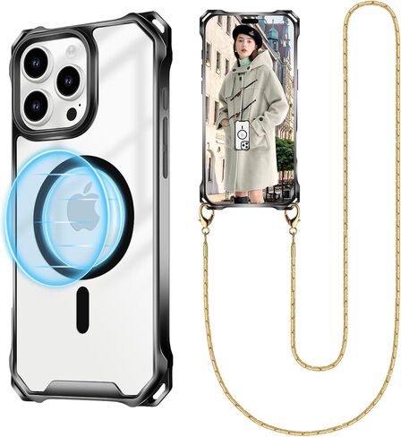 حافظة هاتف UnnFiko Crossbody لهاتف iPhone 17 Pro Max متوافقة مع Magsafe Clear، حافظة هاتف معدنية مقاومة للصدمات، حافظة هاتف مغناطيسية لهاتف iPhone 17 Pro Max (حبل فضي) in Saudi Arabia