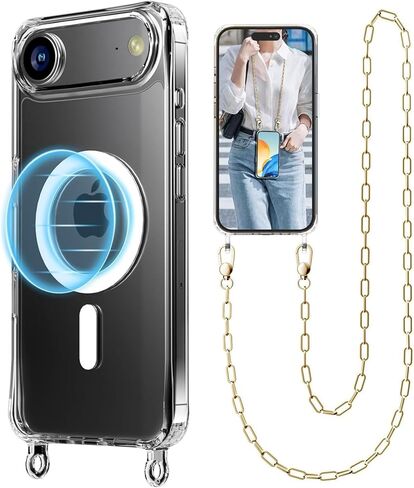 حافظة هاتف UnnFiko Crossbody لهاتف iPhone 17 Pro Max متوافقة مع Magsafe Clear، حافظة هاتف معدنية مقاومة للصدمات، حافظة هاتف مغناطيسية لهاتف iPhone 17 Pro Max (حبل فضي) in Kuwait