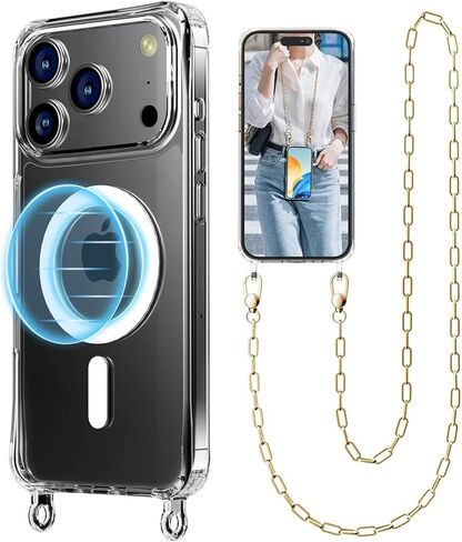 حافظة هاتف UnnFiko Crossbody لهاتف iPhone 17 Pro Max متوافقة مع Magsafe Clear، حافظة هاتف معدنية مقاومة للصدمات، حافظة هاتف مغناطيسية لهاتف iPhone 17 Pro Max (حبل فضي) in Kuwait
