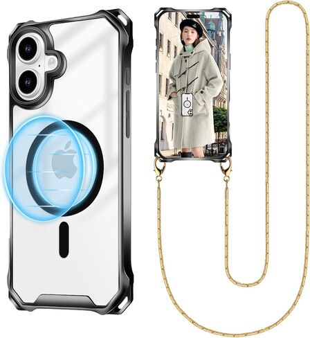 حافظة هاتف UnnFiko Crossbody لهاتف iPhone 17 Pro Max متوافقة مع Magsafe Clear، حافظة هاتف معدنية مقاومة للصدمات، حافظة هاتف مغناطيسية لهاتف iPhone 17 Pro Max (حبل فضي) in Kuwait