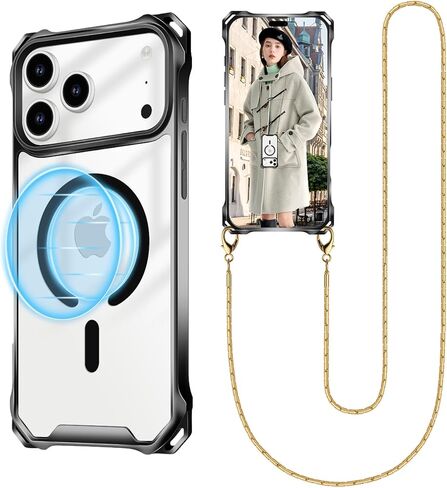 حافظة هاتف UnnFiko Crossbody لهاتف iPhone 17 Pro Max متوافقة مع Magsafe Clear، حافظة هاتف معدنية مقاومة للصدمات، حافظة هاتف مغناطيسية لهاتف iPhone 17 Pro Max (حبل فضي) in Kuwait