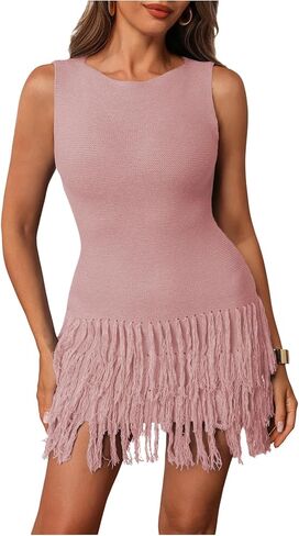 Women's Fringe Sleeveless Mini Dress Crew Neck Bodycon Knit Party Club Dresses in Saudi Arabia