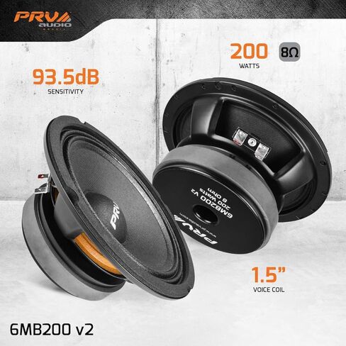 PRV AUDIO 6.5 بوصة مكبر صوت Midbass 6MB200 v2 8 أوم - 200 واط 93.5 ديسيبل 1.5 بوصة ملف صوتي - مكبر صوت 6 بوصة لصوت السيارة مع غناء رائع ولكمة للحاويات المخصصة الصغيرة - صوت احترافي (مفرد) in Kuwait