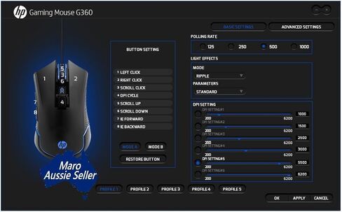 ماوس ألعاب سلكي من HP LED RGB بإضاءة خلفية قابلة للتعديل 6200 نقطة في البوصة 6 أزرار قابلة للبرمجة ماوس USB مريح للاعبين in Kuwait