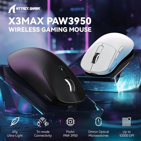 ماوس الألعاب اللاسلكي MAMBASNAKE Attack Shark X3MAX، PixArt PAW3950 42000 DPI، 49 جرامًا ثلاثي الوضع (BT5.4/2.4 جيجا هرتز/سلكي)، ماوس كمبيوتر قابل للبرمجة بمعدل 1K للكمبيوتر/MAC/Win - أسود in Saudi Arabia
